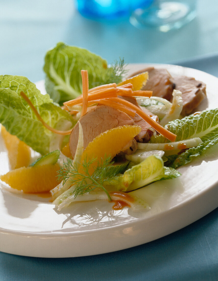 Romaine lettuce with orange slices of fennel and pork on white plate