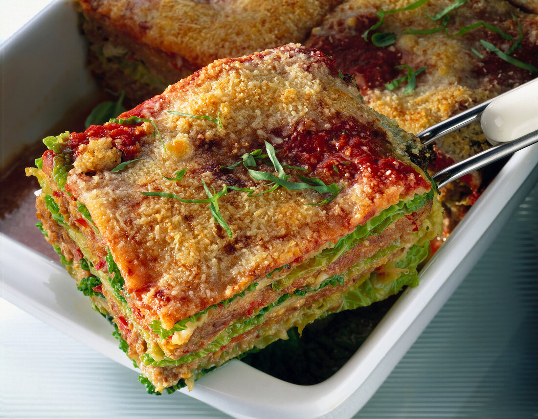 Close-up of savoy cabbage lasagne with minced meat and pepper