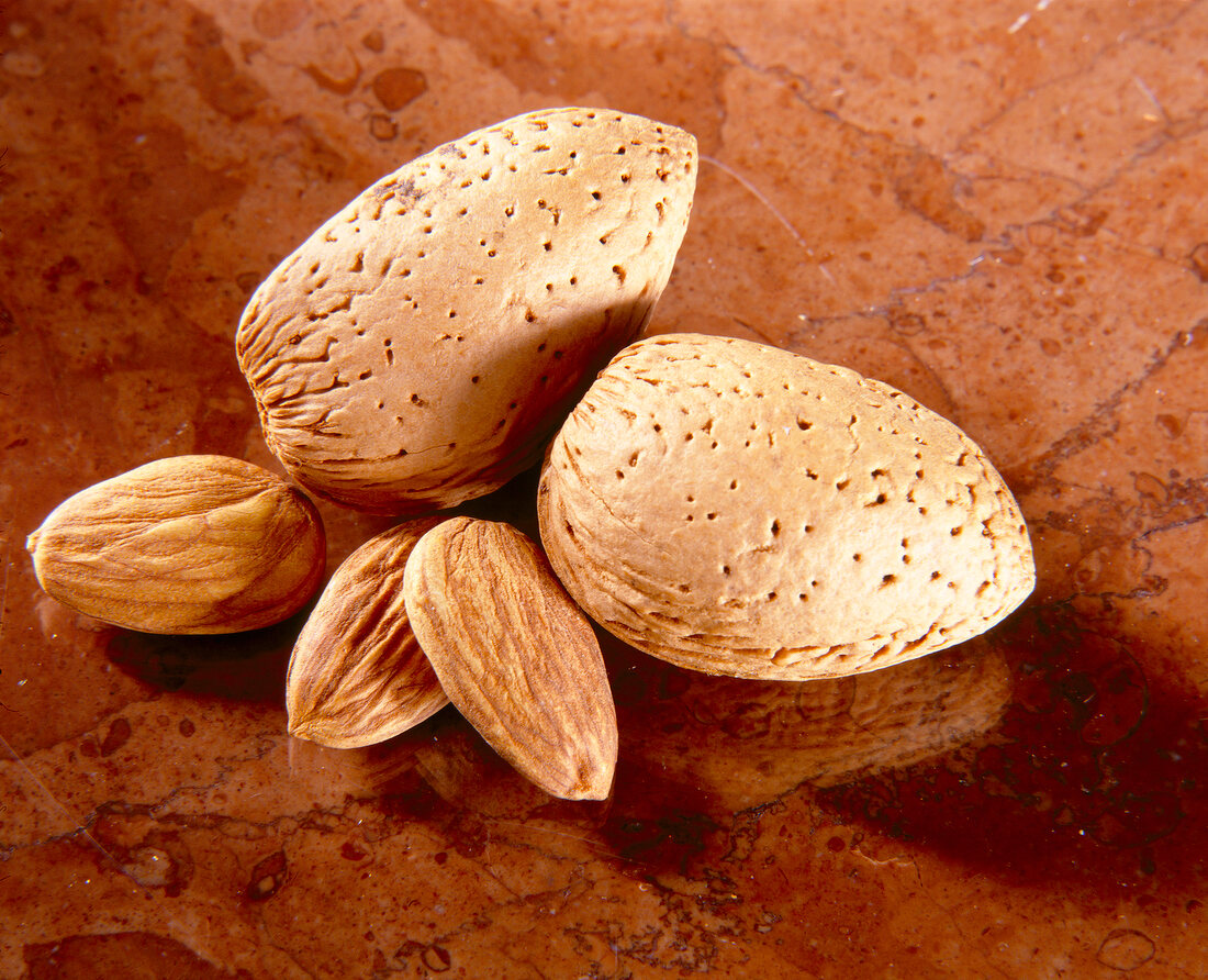 Close-up of shelled and unshelled almonds