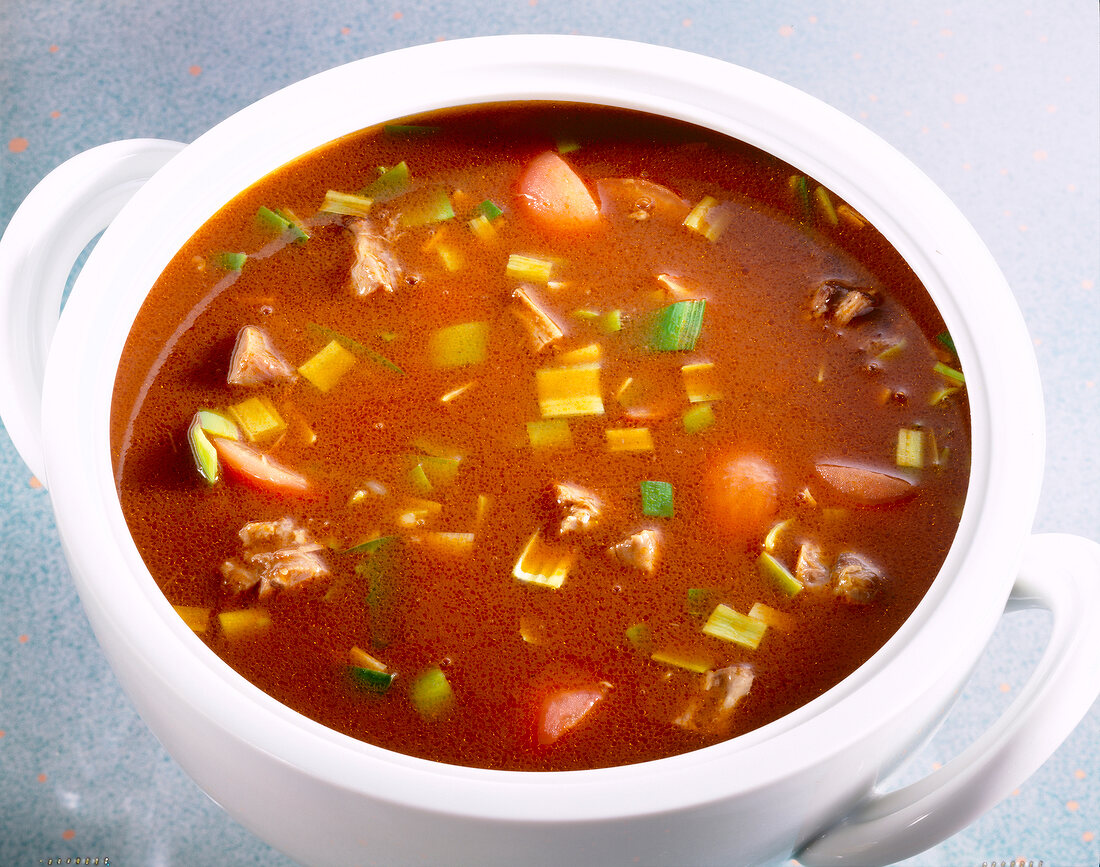 Terrine Oxtail soup with tomatoes and leeks in soup bowl