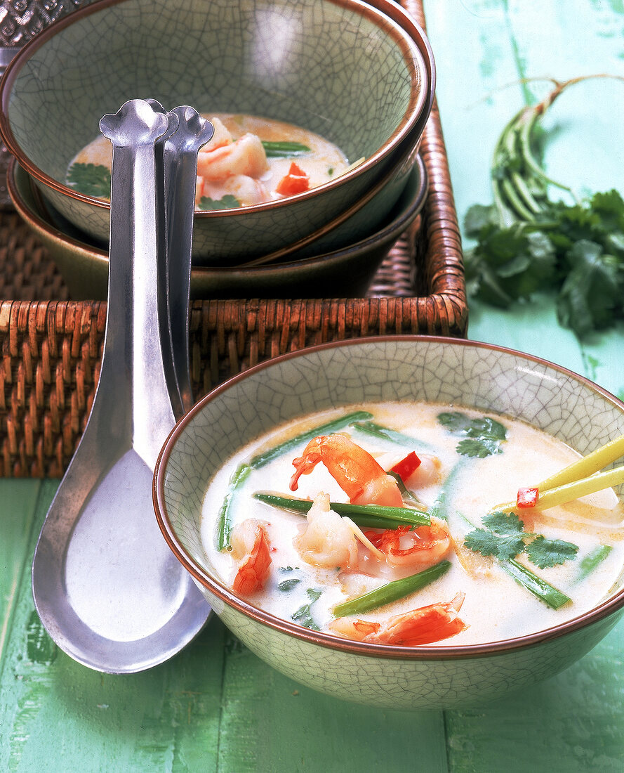 Kokossuppe mit Garnelen, frischem Koriander,Lauchzwiebeln,Paprika