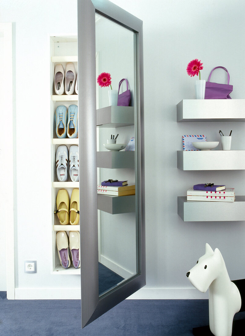 Shoes kept in shoe cabinet with mirror door and aluminium bored