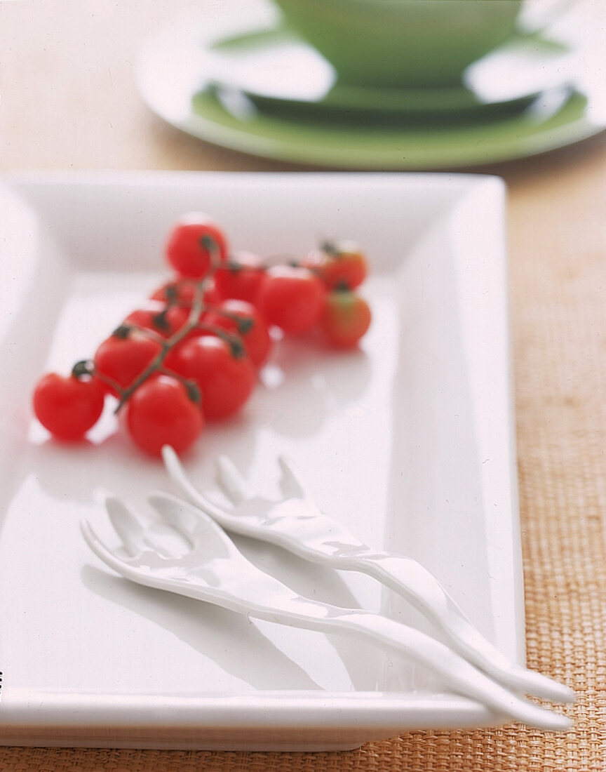 Keramikschale mit Salatbesteck aus Porzellan,Tomaten im Hintergrund