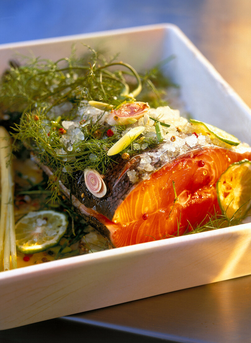 Close-up of marinated and smoked wild salmon with orange glaze