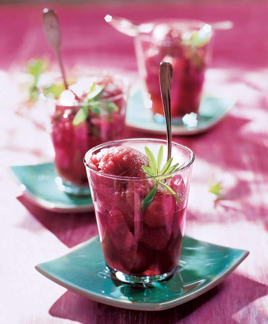 Rhabarber-Sorbet mit Erdbeeren und Waldmeister