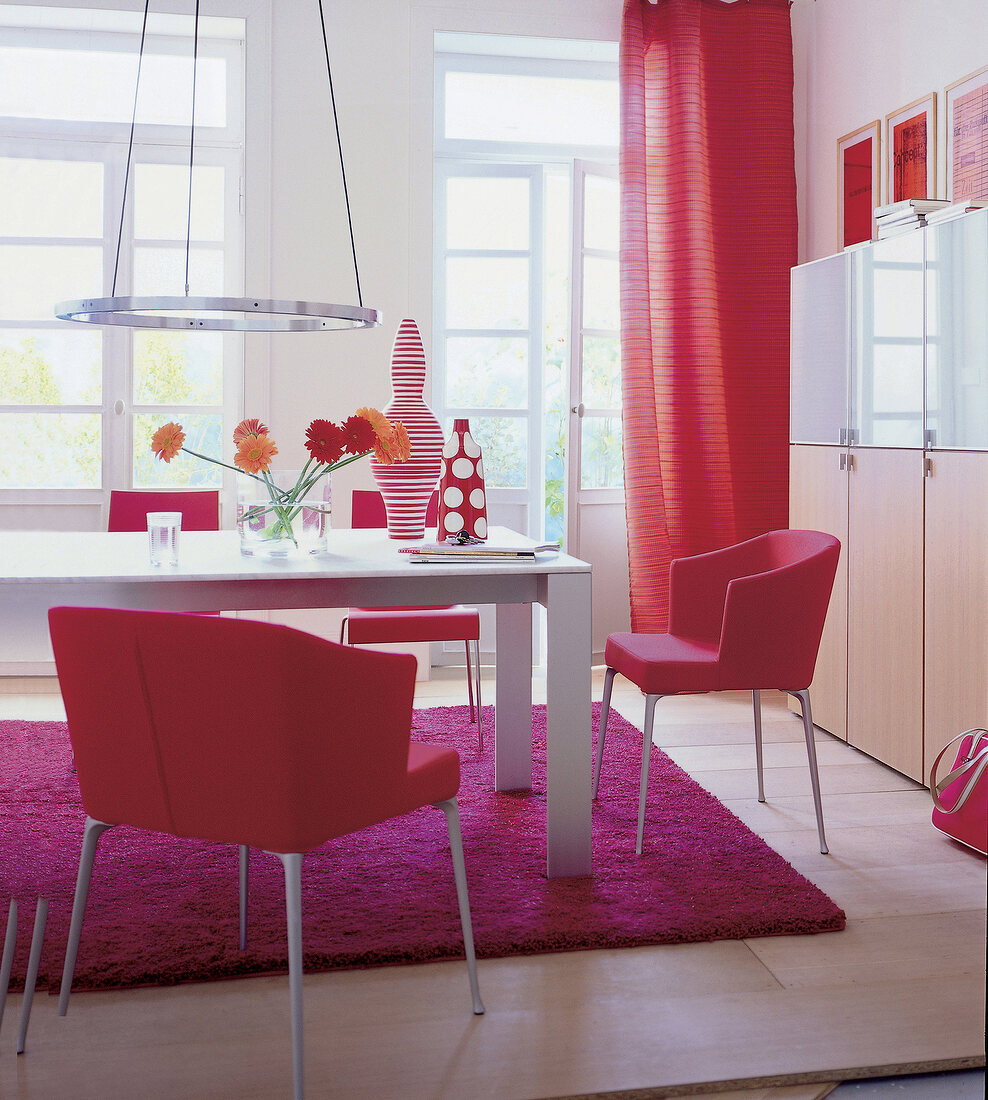 Eßzimmer: Tisch weiß zu Stühlen rot, pink Teppich, Fensterfront, hell