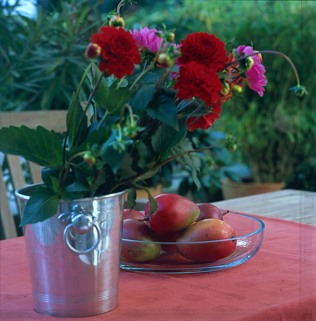Gartenblumen in Pink + rot in Sektkübel, Mangos in einer Glasschale