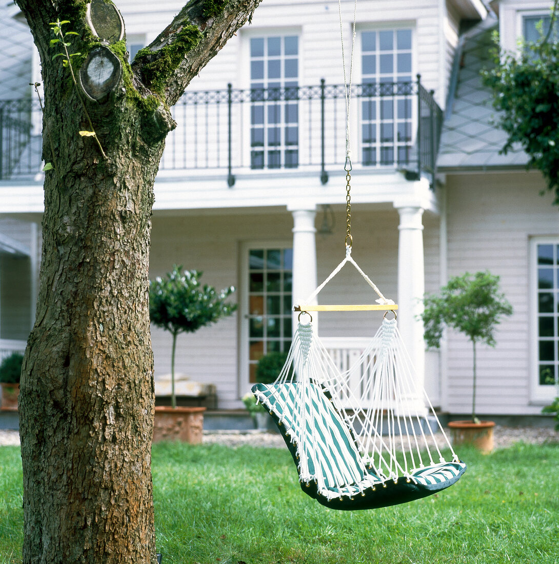 Striped swing seat hanging on the tree in front of house