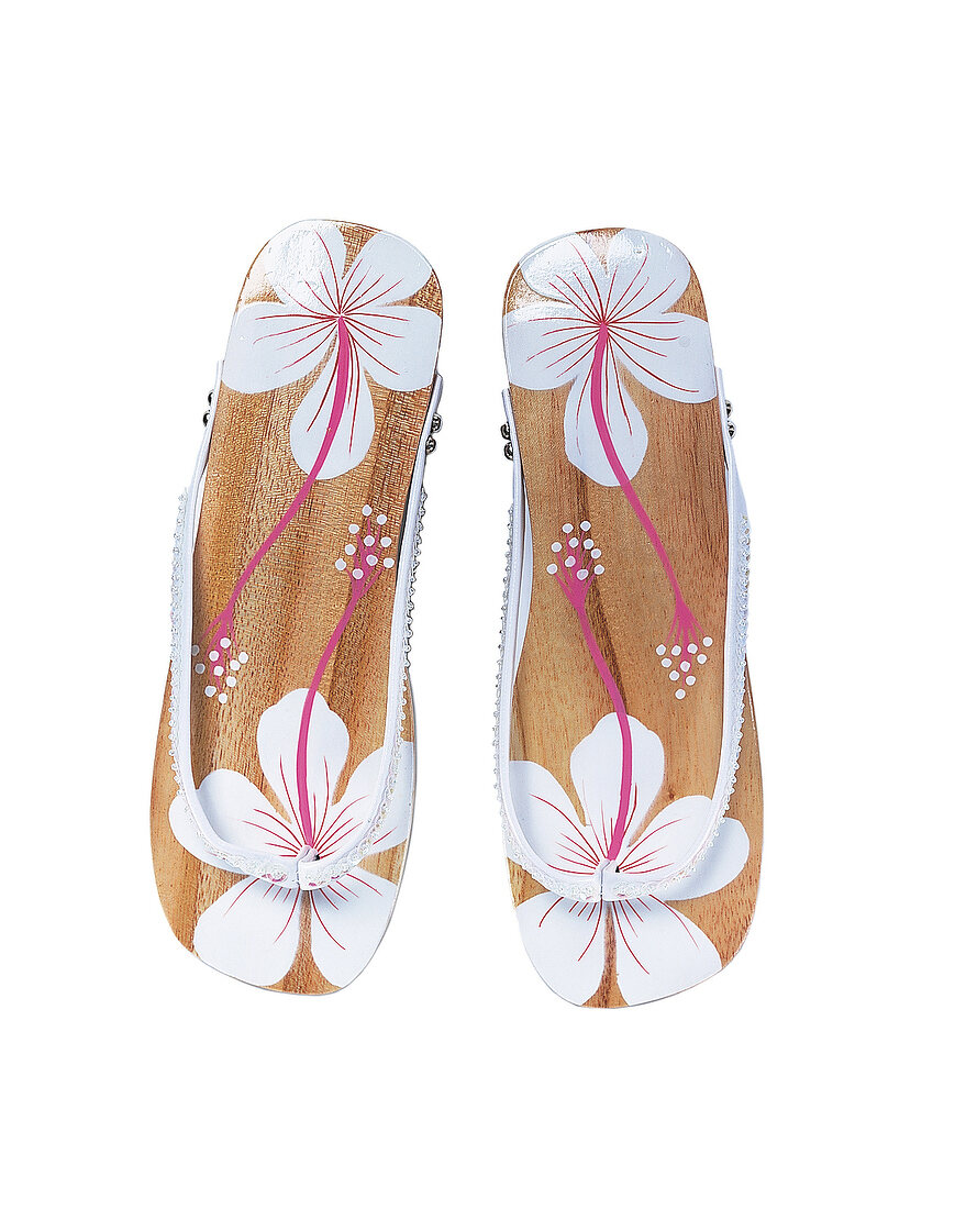 luftige Sandalen aus Holz mit Blumen muster, Klapperlatschen
