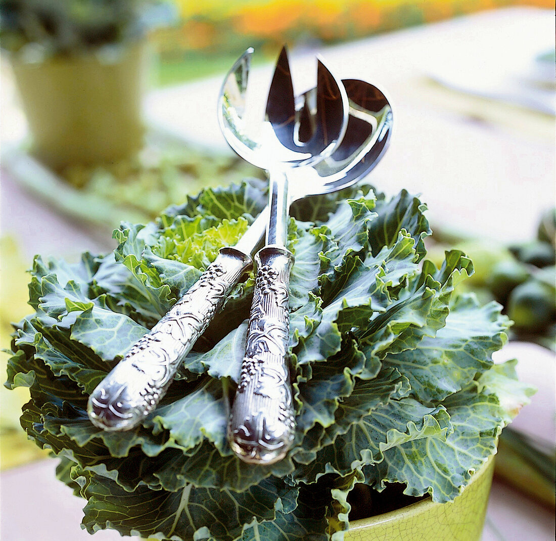 silbernes Salatbesteck mit üppigem Weinblattrelief
