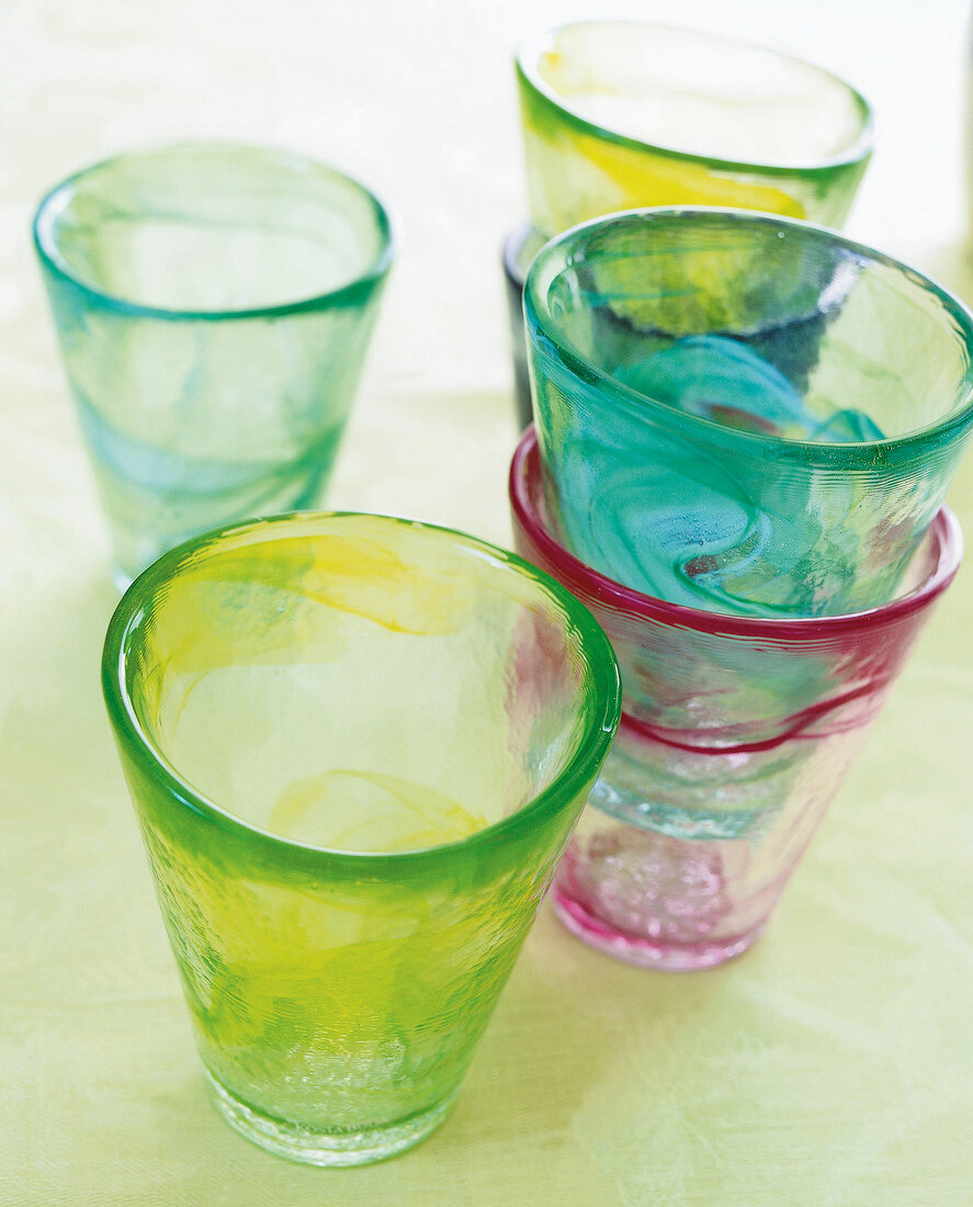 Close-up of multi-coloured glasses