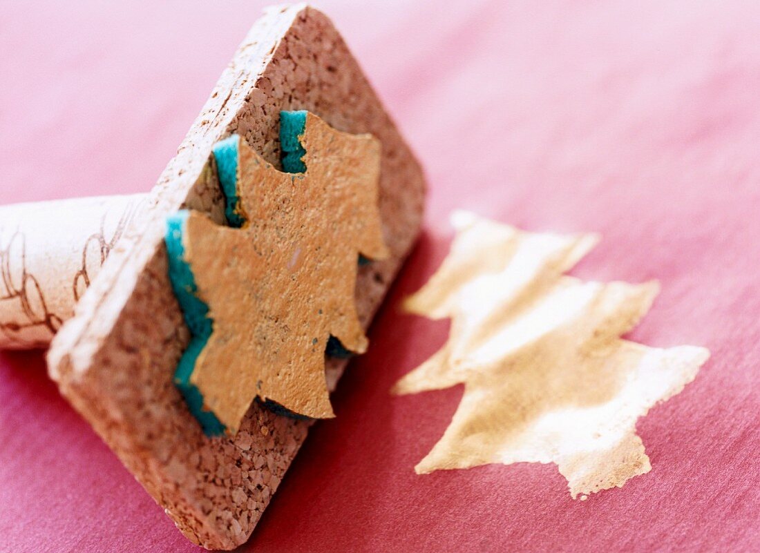 Close-up of Christmas-tree stamp made from sponge