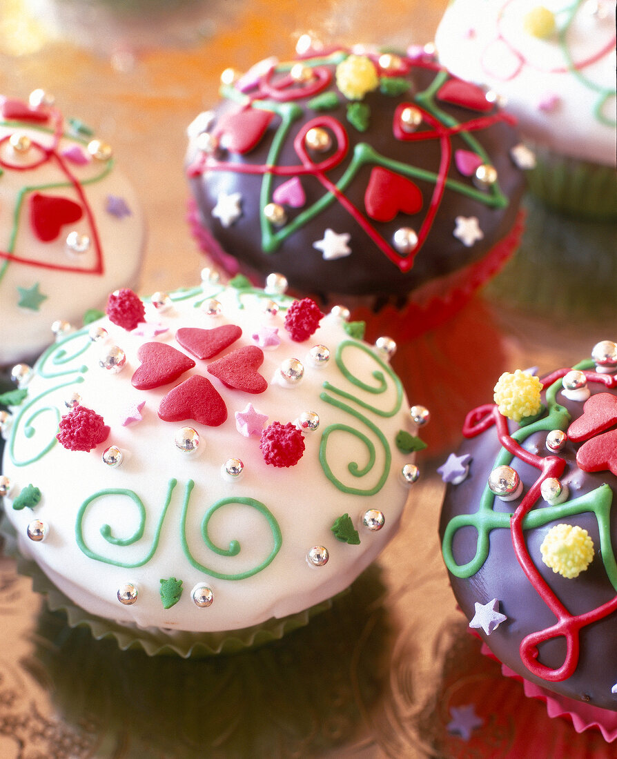 Close-up of Christmas muffins decorated with mazipan