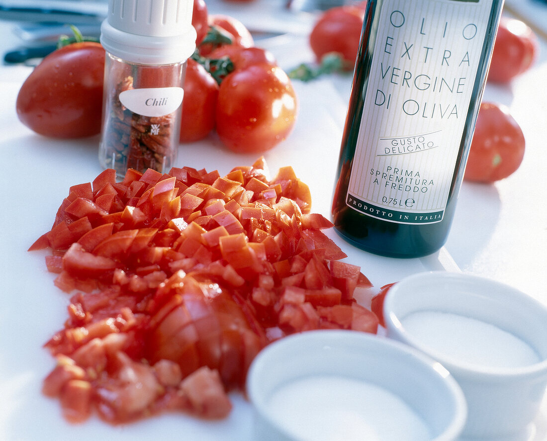 Close-up of ingredients for tomato sauce