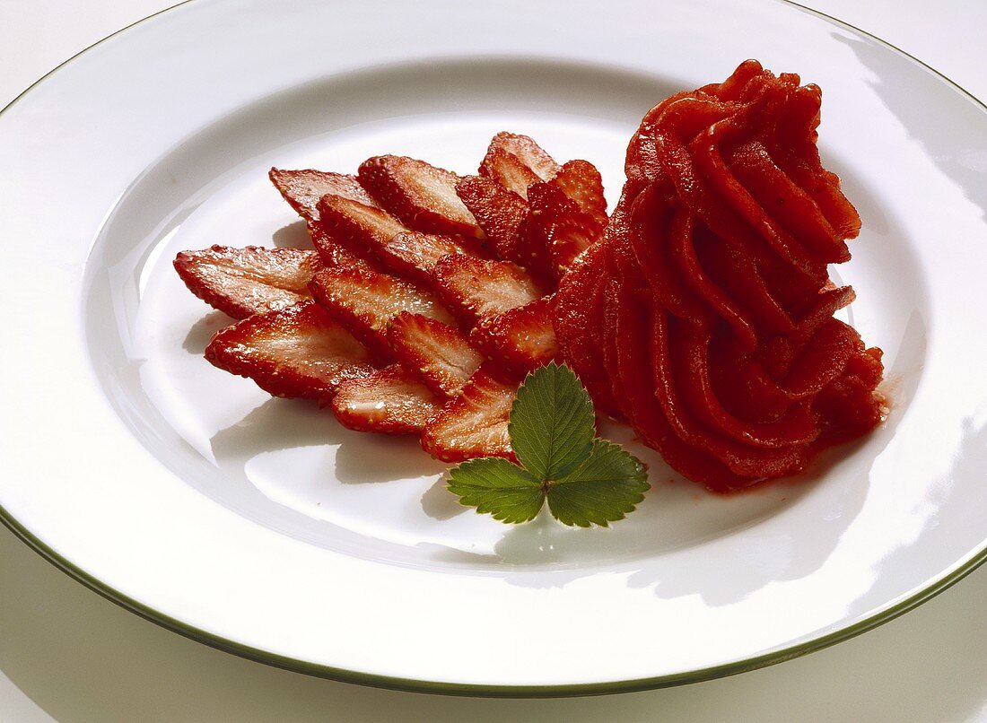 Strawberry Sorbet; Sliced Strawberries and Powdered Sugar