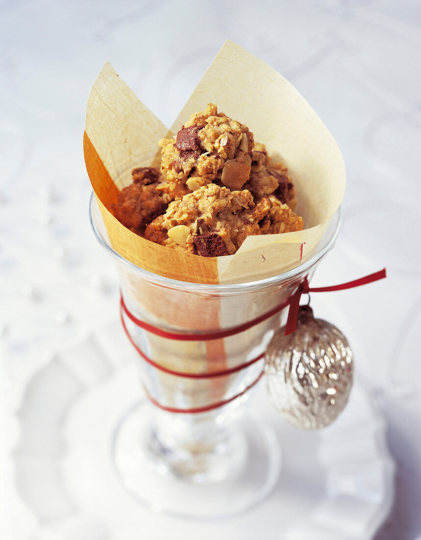 Close-up of nut chocolate chip cookies wrapped in paper