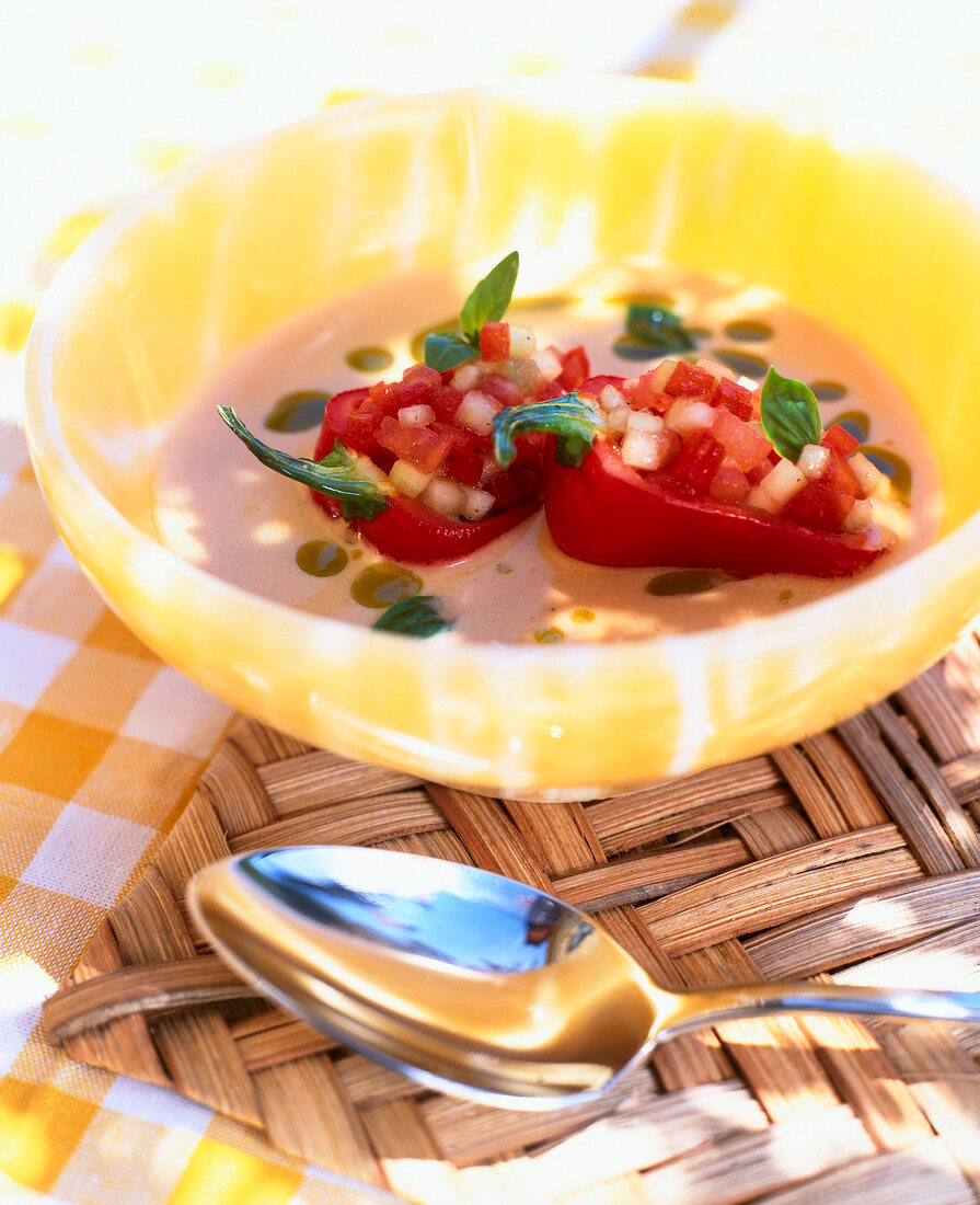 Close-up of gazpacho with peppers in bowl