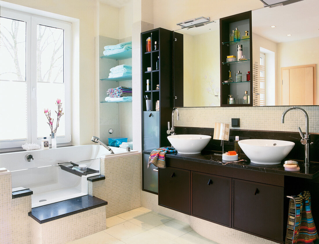 Interior of bathroom with glass bathtub and fitted sink bowls