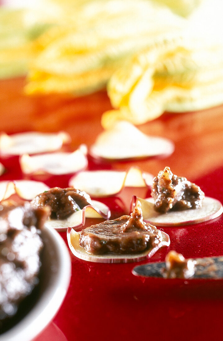 Close-up of eggplant with olives and garlic