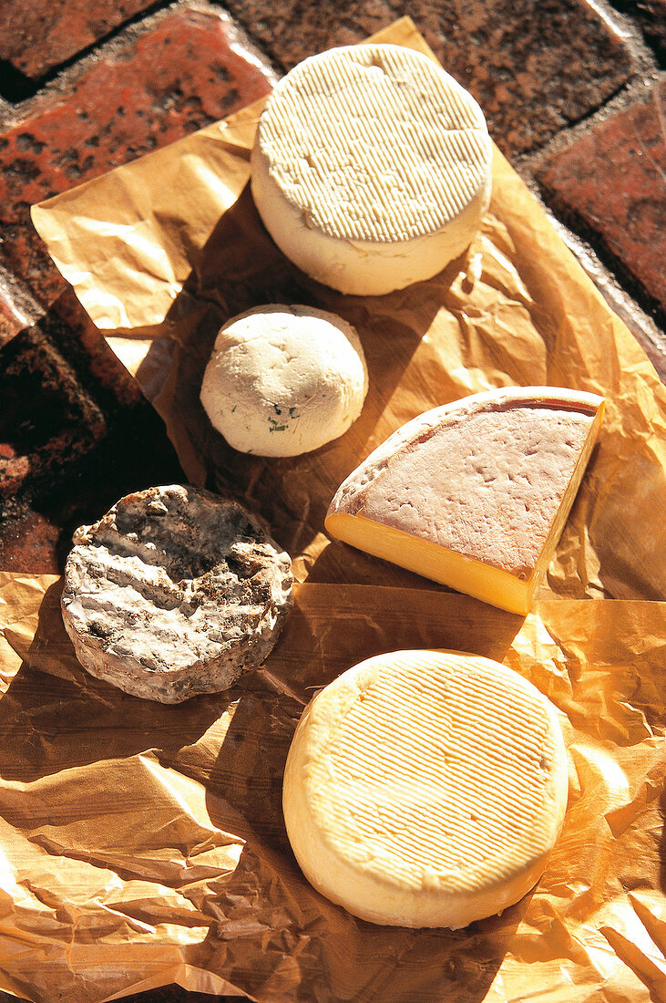 Different French cheese on brown paper from Epoisses, Burgundy