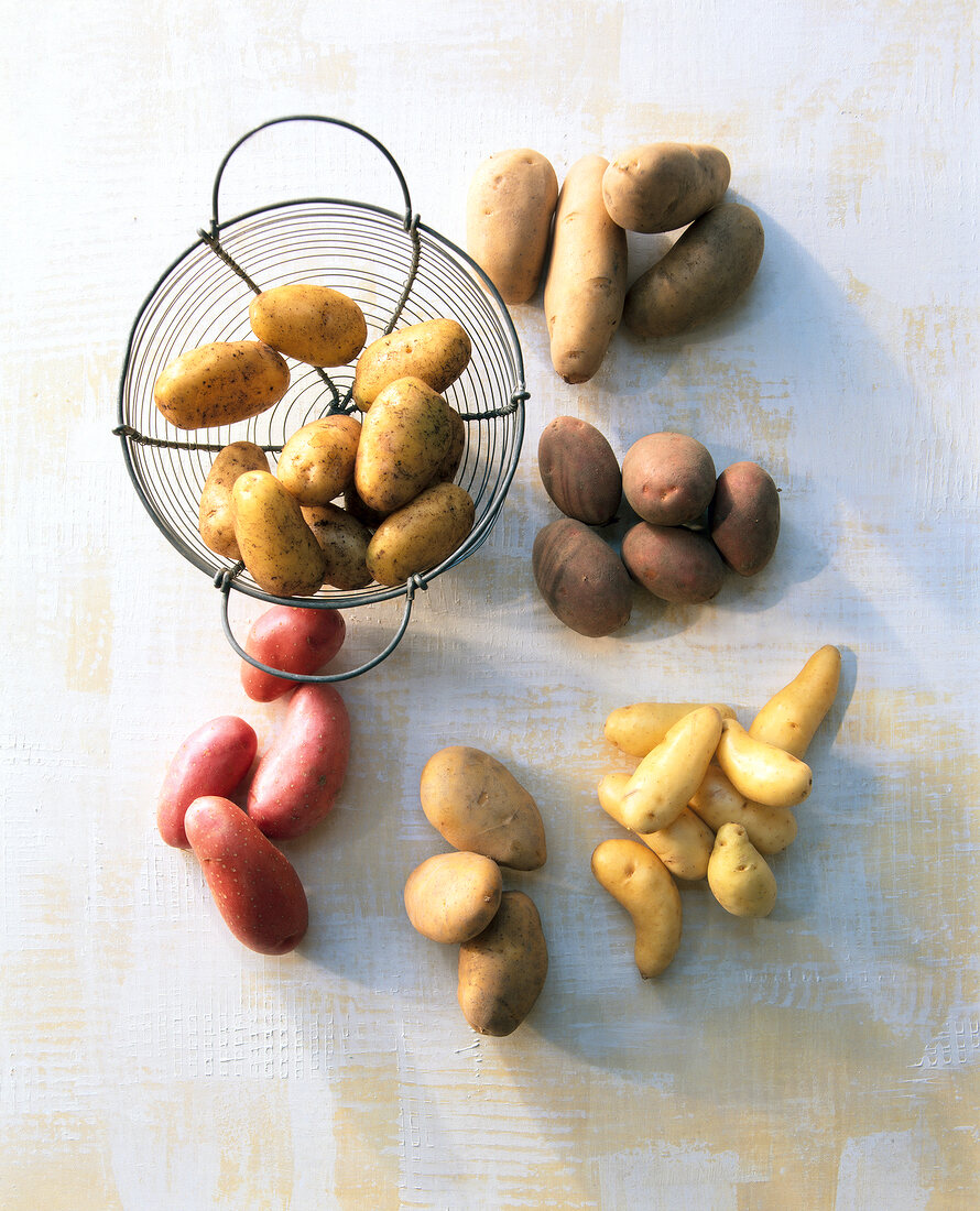 Close-up of various varieties of rustic potatoes