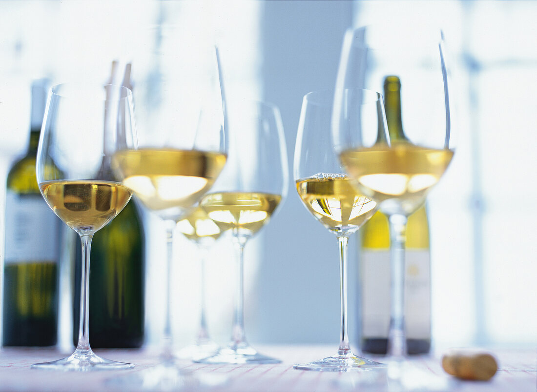 Glasses filled with white wine from Collio cultivation of eastern hills of Italy
