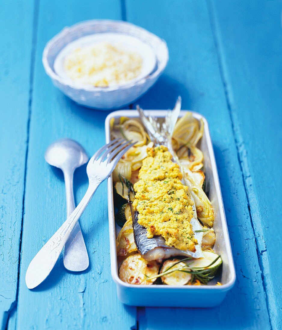 Herring with a herb crust and rosemary vegetables