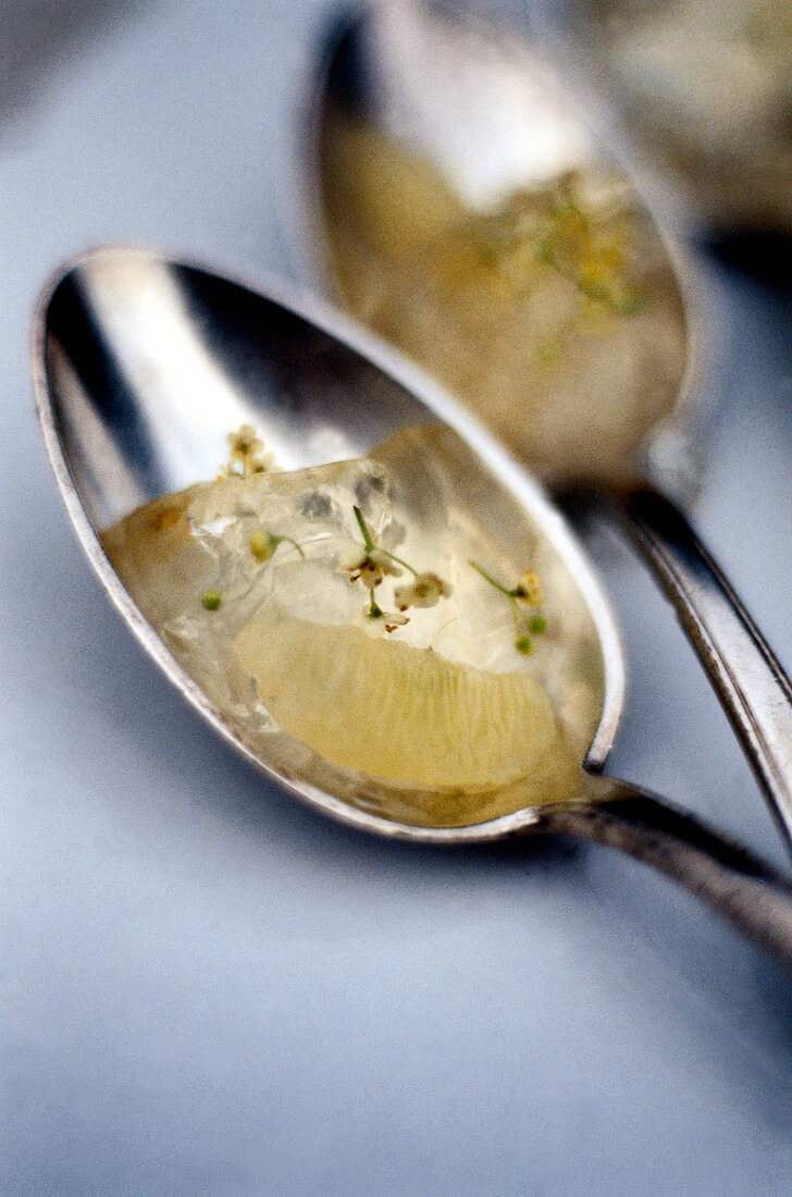 Close-up of elderflower jelly on tablespoon
