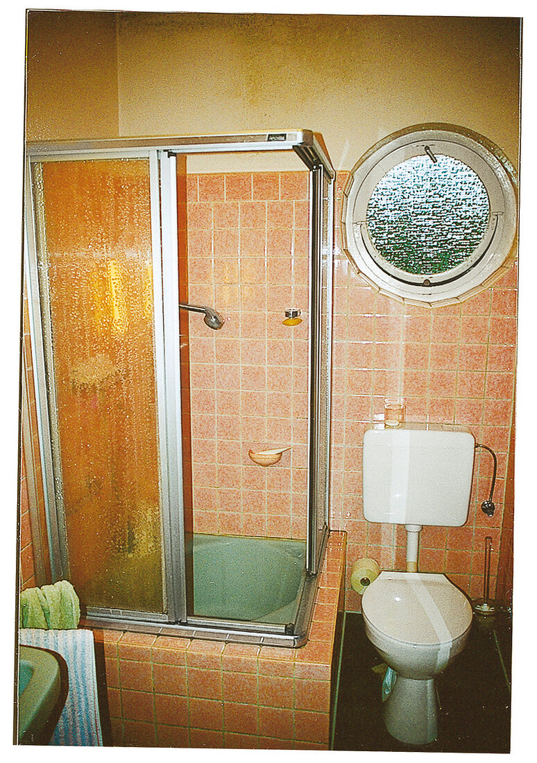 Bad vor der Renovierung: Duschecke und Toilette