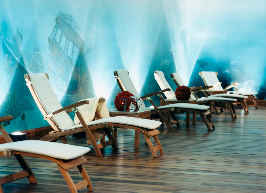 Spa chairs kept together in line at Bendinat golf hotel in Mallorca, spain