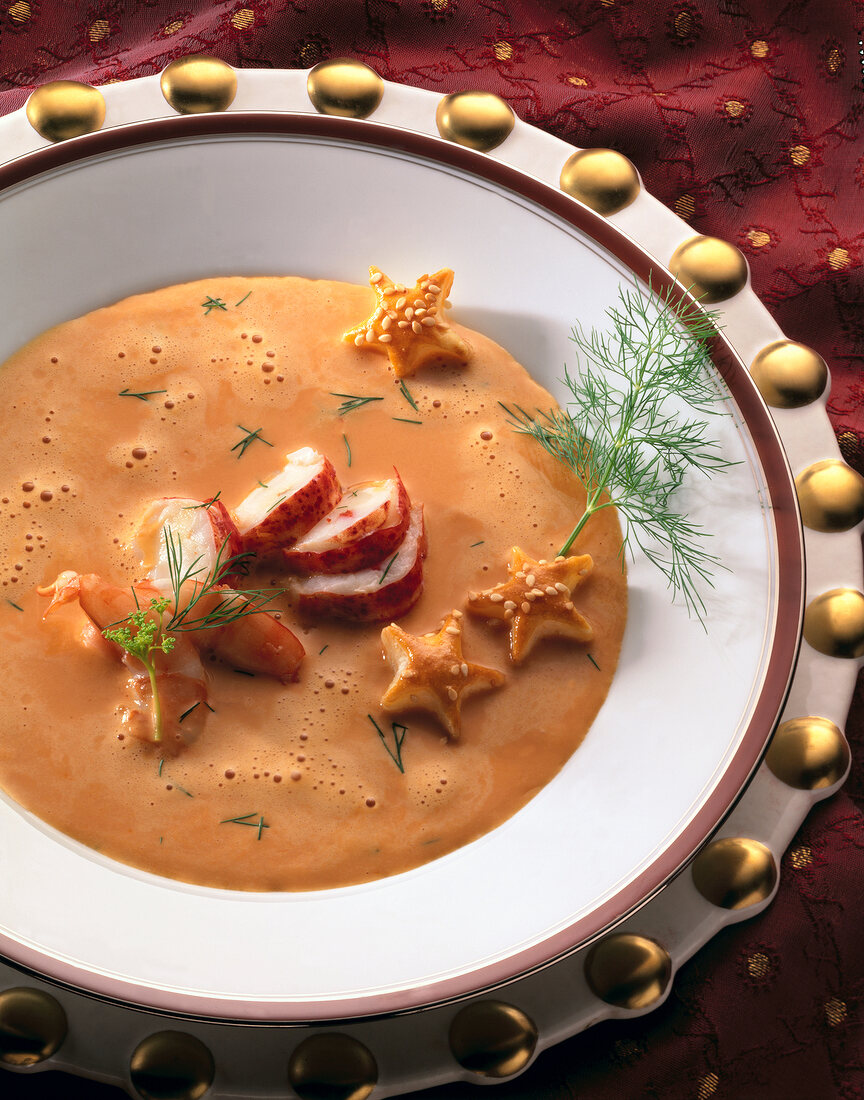 Lobster bisque in serving dish, overhead view