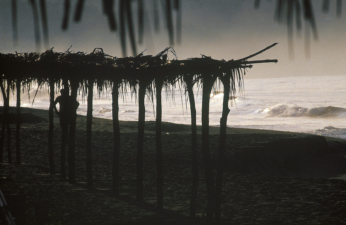 Palm roofs on beach at night in Acapulco, Mexico