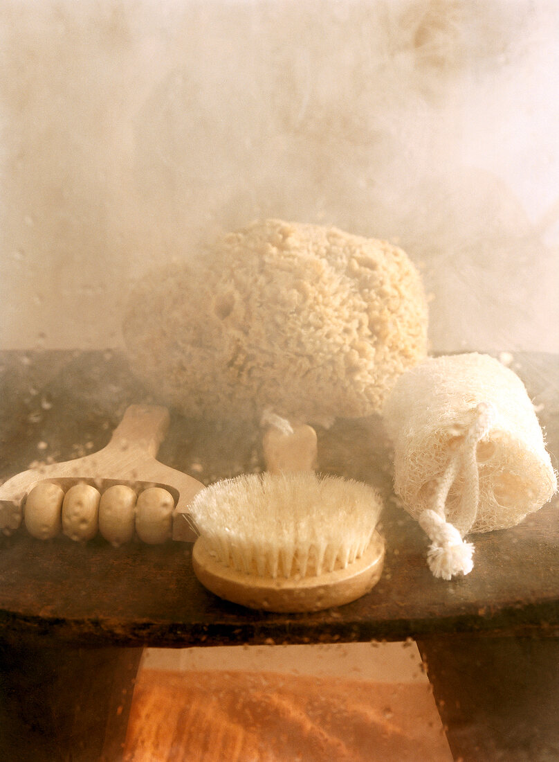 Bathing equipment, sponge, brush and massage roller with steam in sauna