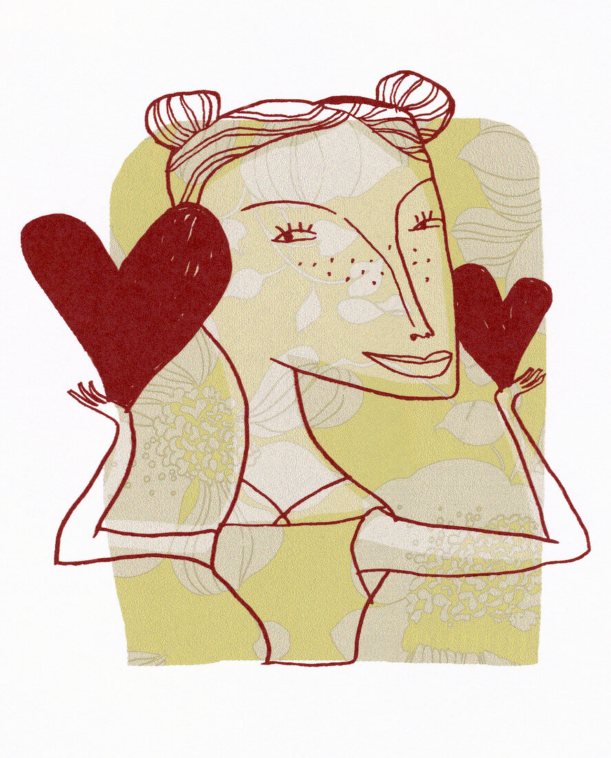 Illustration of woman holding hearts symbolizing the zodiac sign Libra