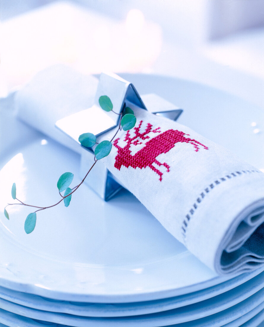 Napkin wrapped in star shape cake cutter with leaves on plate
