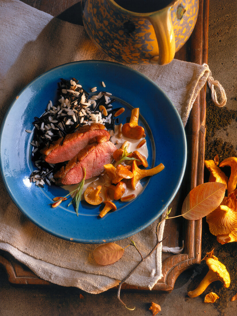 Chanterelle in orange-tarragon cream with pieces of duck breast