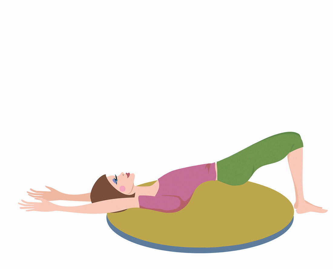Illustration: Frau macht Yoga-Übung -liegt auf Rücken, Arme ausgestreckt