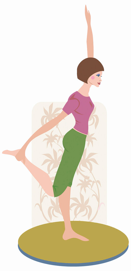 Illustration: Frau macht Yoga-Übung: steht auf e. Bein, e. Arm oben