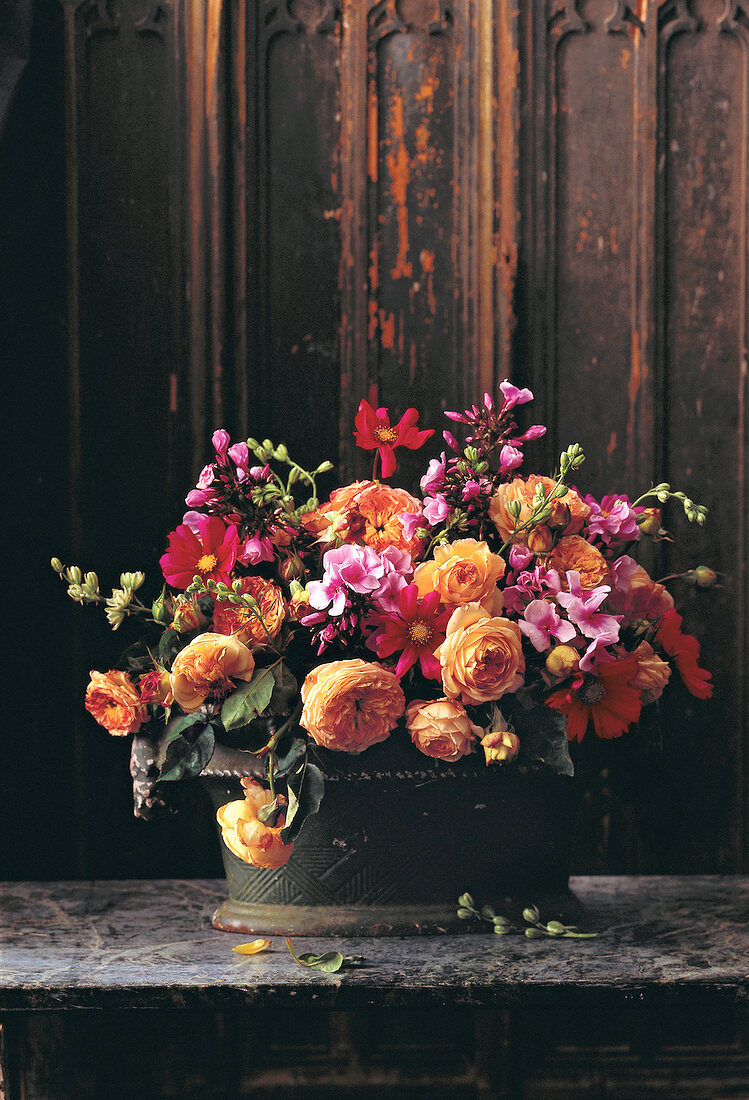 Bouquet with summer flowers in tureen, decoration, studio, indoor