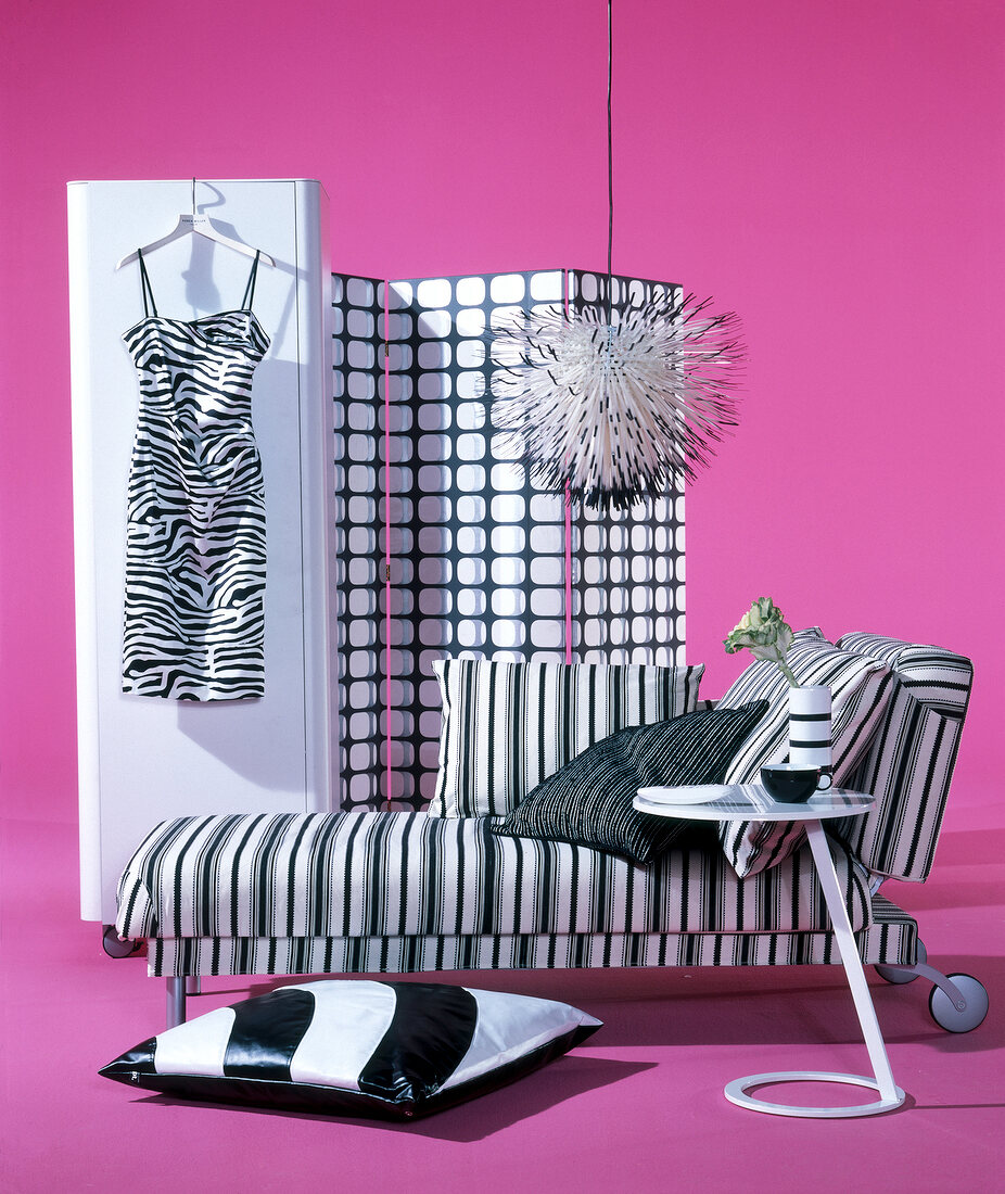Room with car, sofa, dog, floor lamp, cushions and shelf against pink background