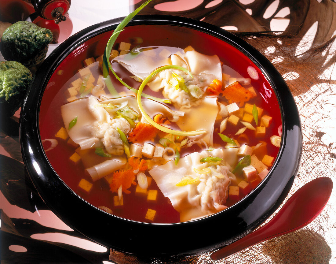 Chili soup with wan-tan-bags and tofu in bowl, Euro-Asian cuisine