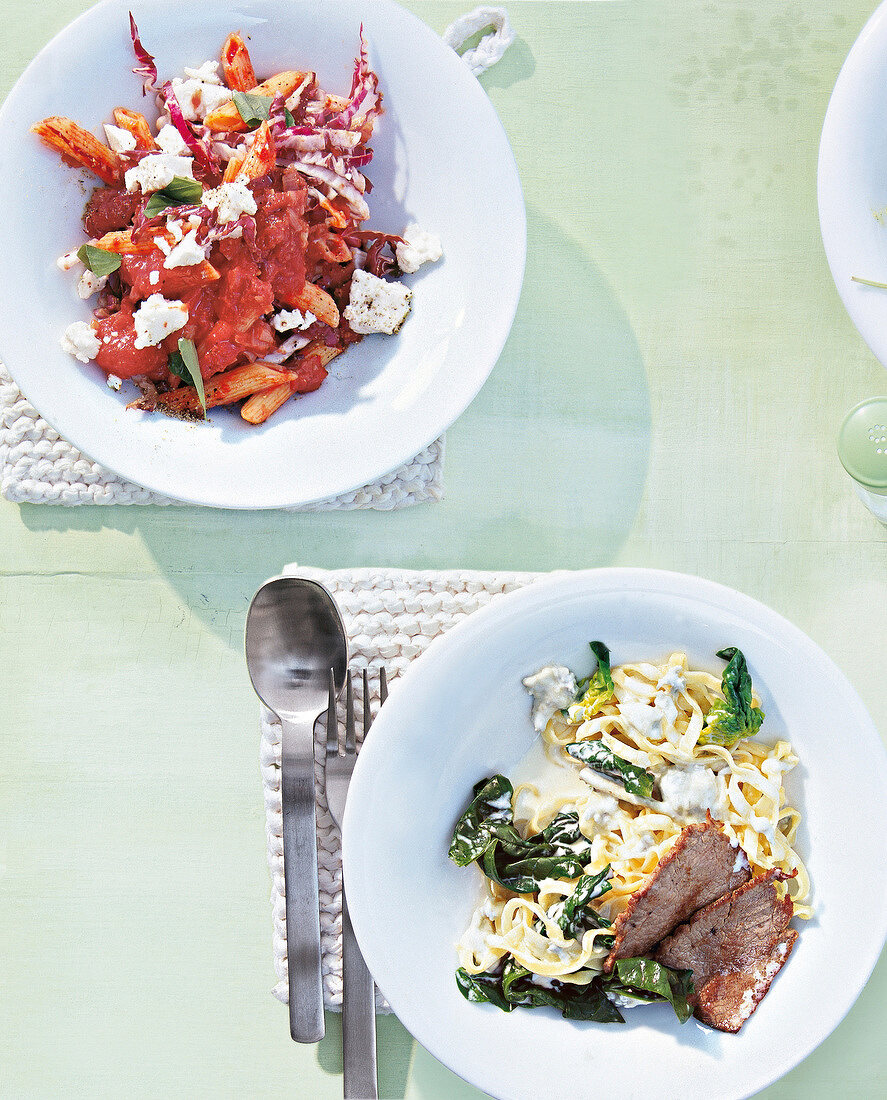 Two plates with pasta, one with penne and other with tagliatelle