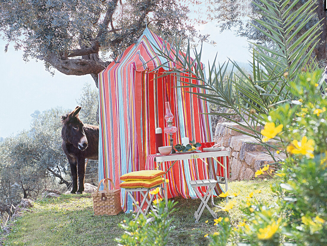 Striped tent, table and chair in garden