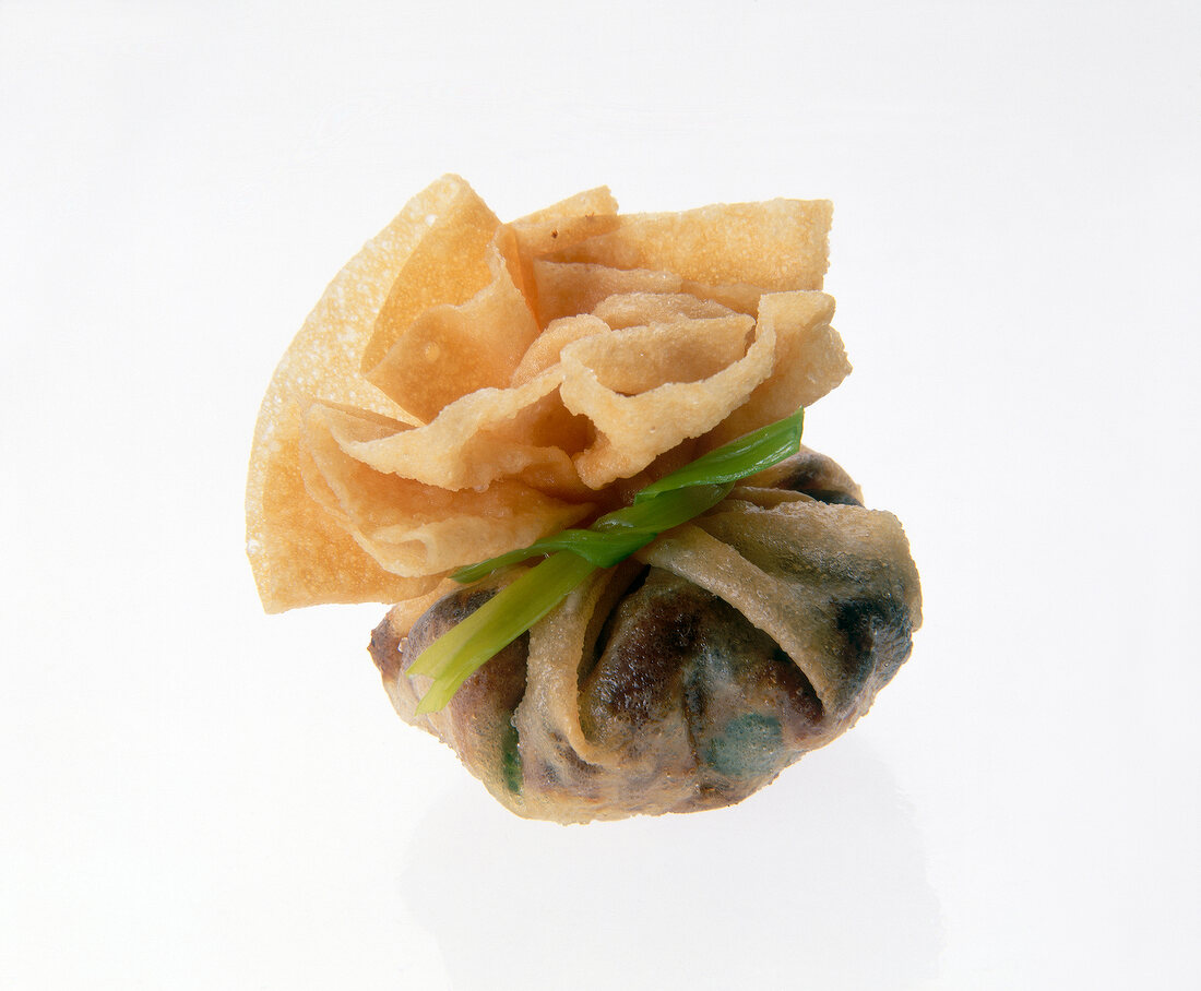 Close-up of bag of dough with shallots, shiitake mushrooms and garlic