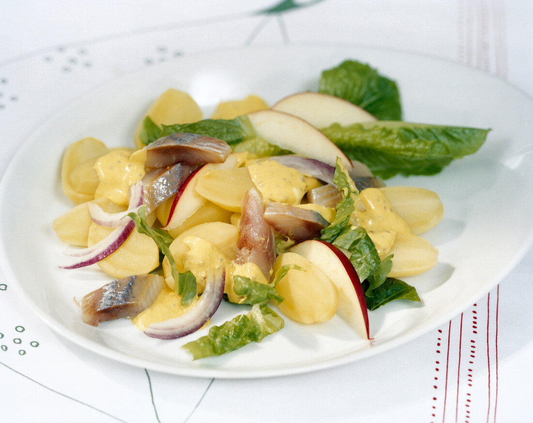 Matjes salad with curry and ginger sauce on plate