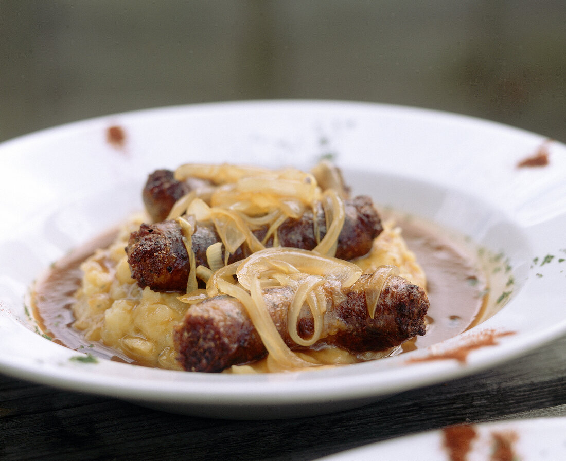 Bangers and mash in bowl at The Bell Pub