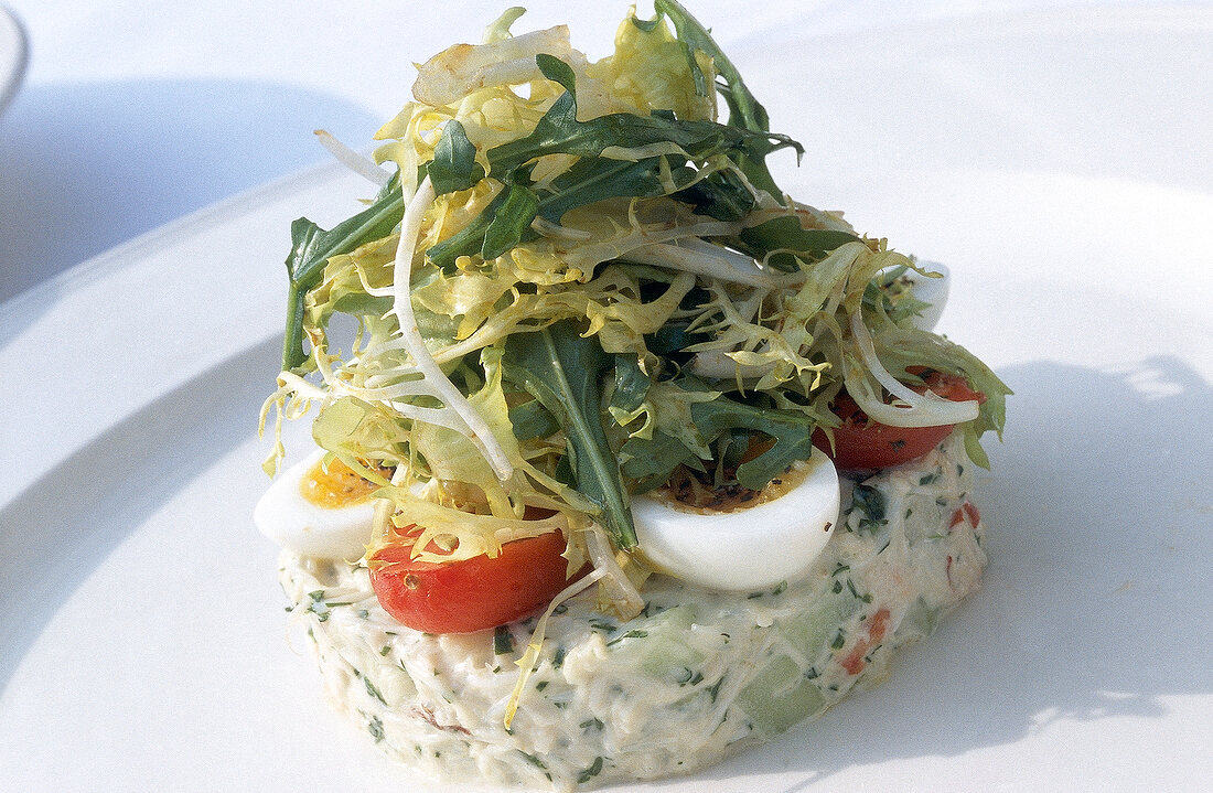 Close-up of brixham crab salad with herb mayonnaise on plate