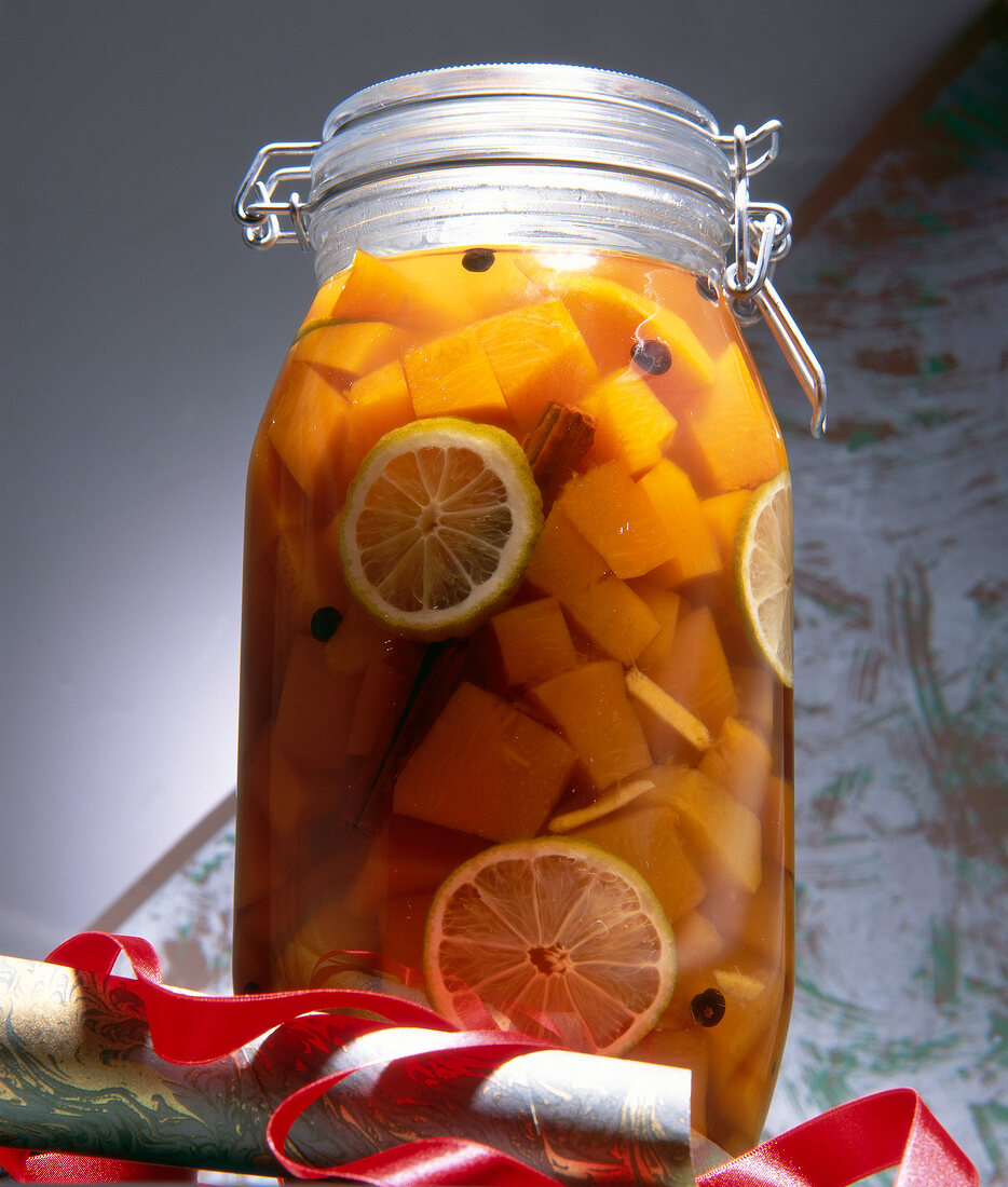 Pumpkin sweet-sour pickled with sherry vinegar in glass jar