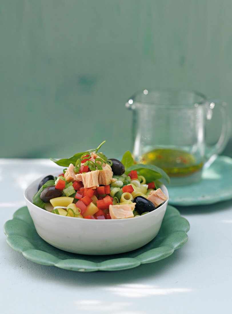 Pasta salad with tuna in bowl