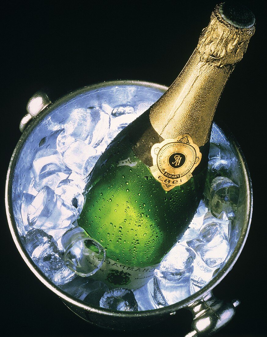 Bottle of Champagne on Ice in a Cooler